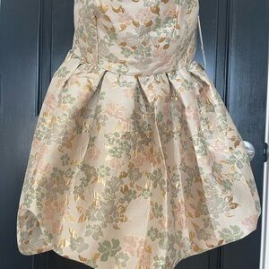 AQUA X Wicked strapless bubble dress in Pink, Green, and Gold Floral